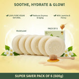 MDM Herbal Jasmine with Honey Drops Soap – 100g x 6 (600g Total) | Herbal Soap for Nourishment & Skin Glow | 100% Vegan & Ayurvedic