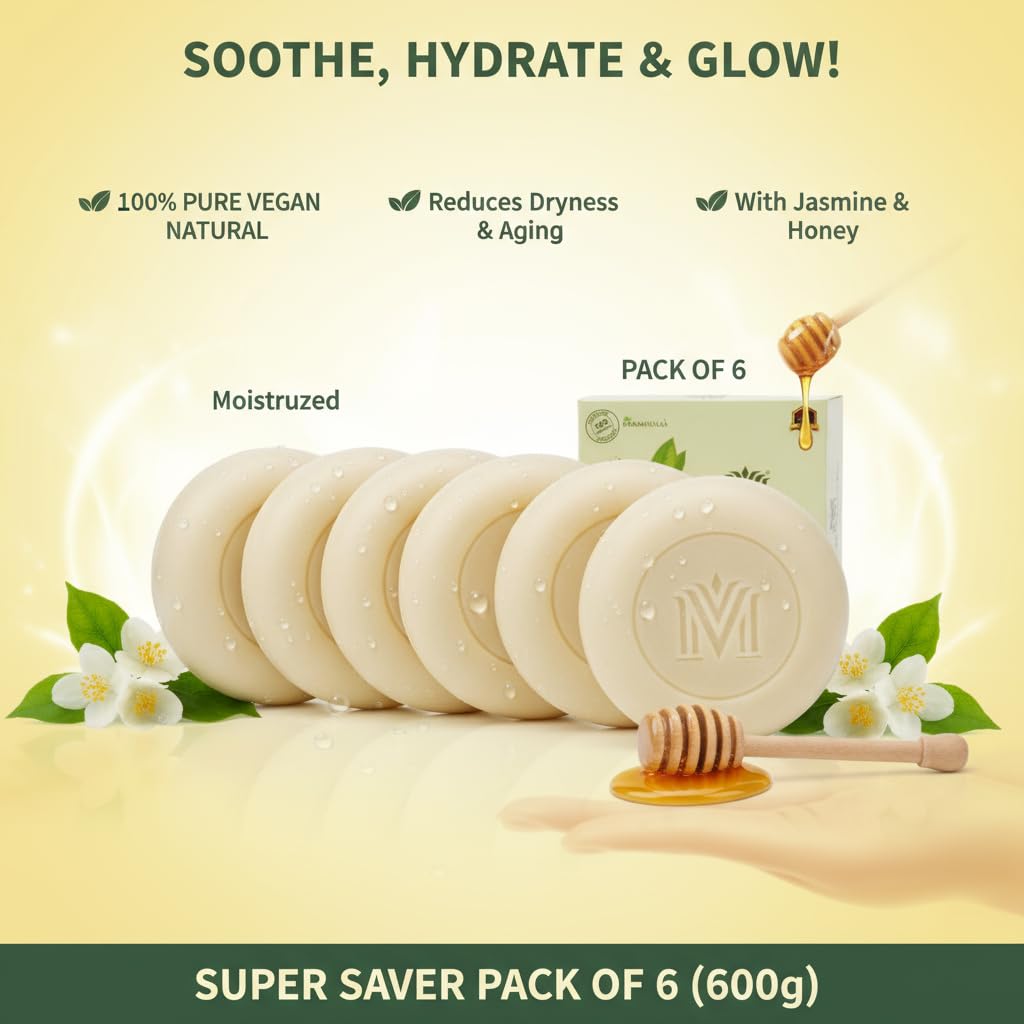 MDM Herbal Jasmine with Honey Drops Soap – 100g x 6 (600g Total) | Herbal Soap for Nourishment & Skin Glow | 100% Vegan & Ayurvedic