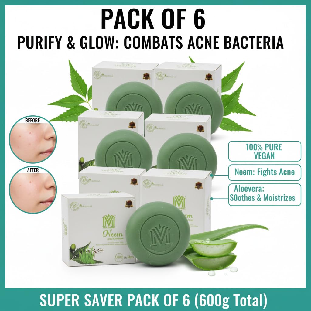 MDM Herbal Neem with Aloevera Soap – 100g x 6 (Super Saver Pack – 600g) | Deep Purifying Vegan Ayurvedic Soap | For Clear, Glowing Skin