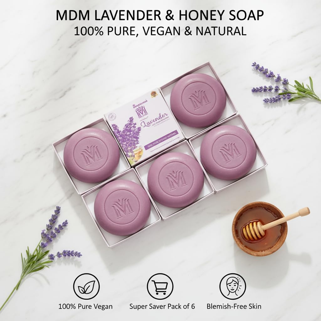 MDM Herbal Lavender with Honey Drops Soap – 100g x 6 (600g Total) | Herbal Soap for Moisturized, Blemish-Free Skin | 100% Vegan & Natural Glow