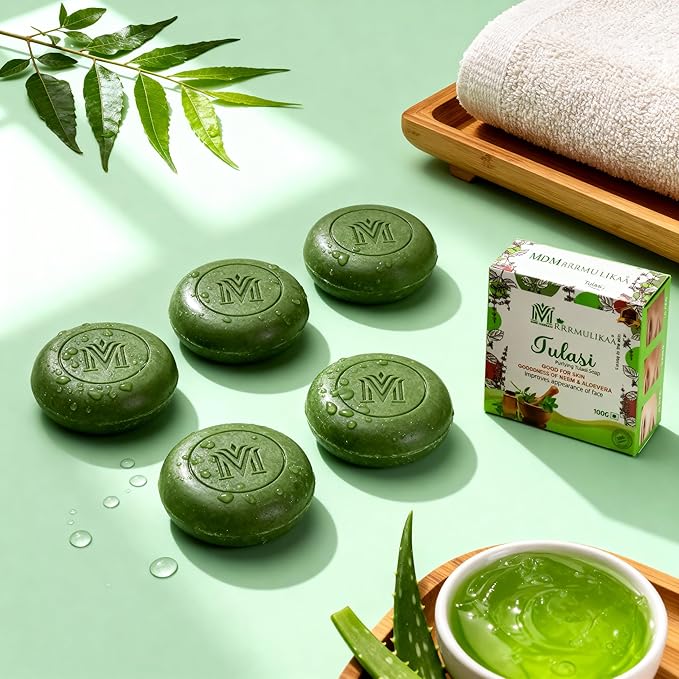 MDM Herbal Tulasi Purifying Soap – 100g x 5 (Super Saver Pack) | Neem & Aloe Vera | Clears Skin, Reduces Marks | 100% Natural Ayurvedic Bath Bar