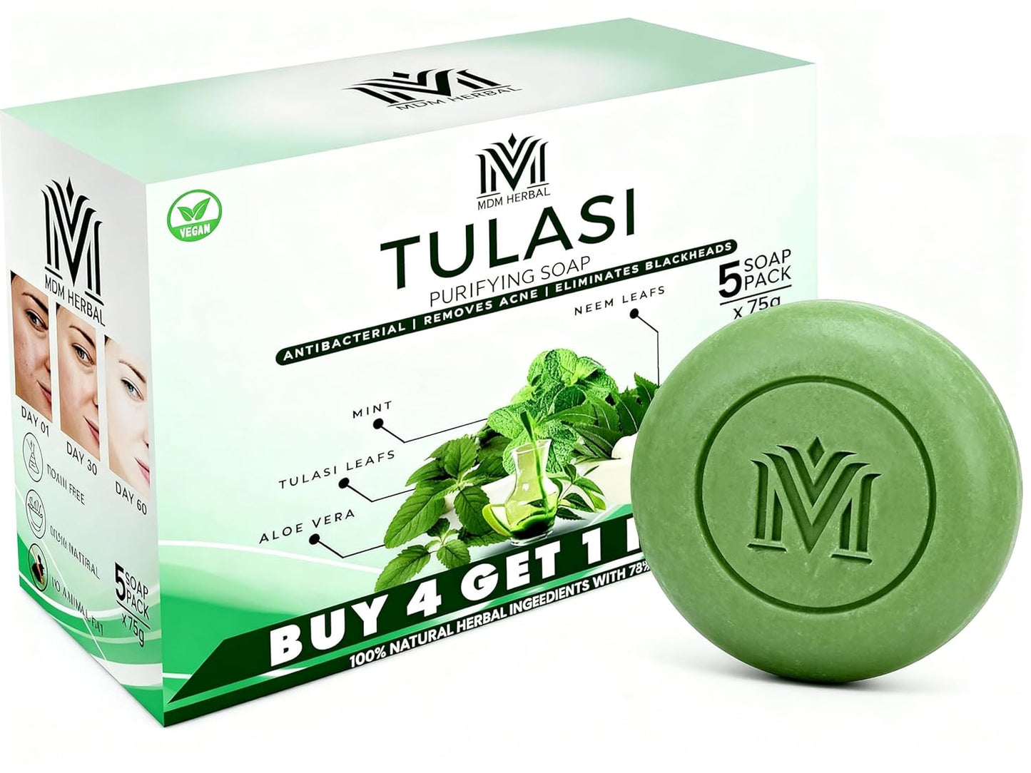 MDM Herbal Tulasi Antiseptic Soap – 75g x 5 (Buy 4 Get 1 Free) | Natural Antibacterial Soap with Neem, Basil & Glycerin