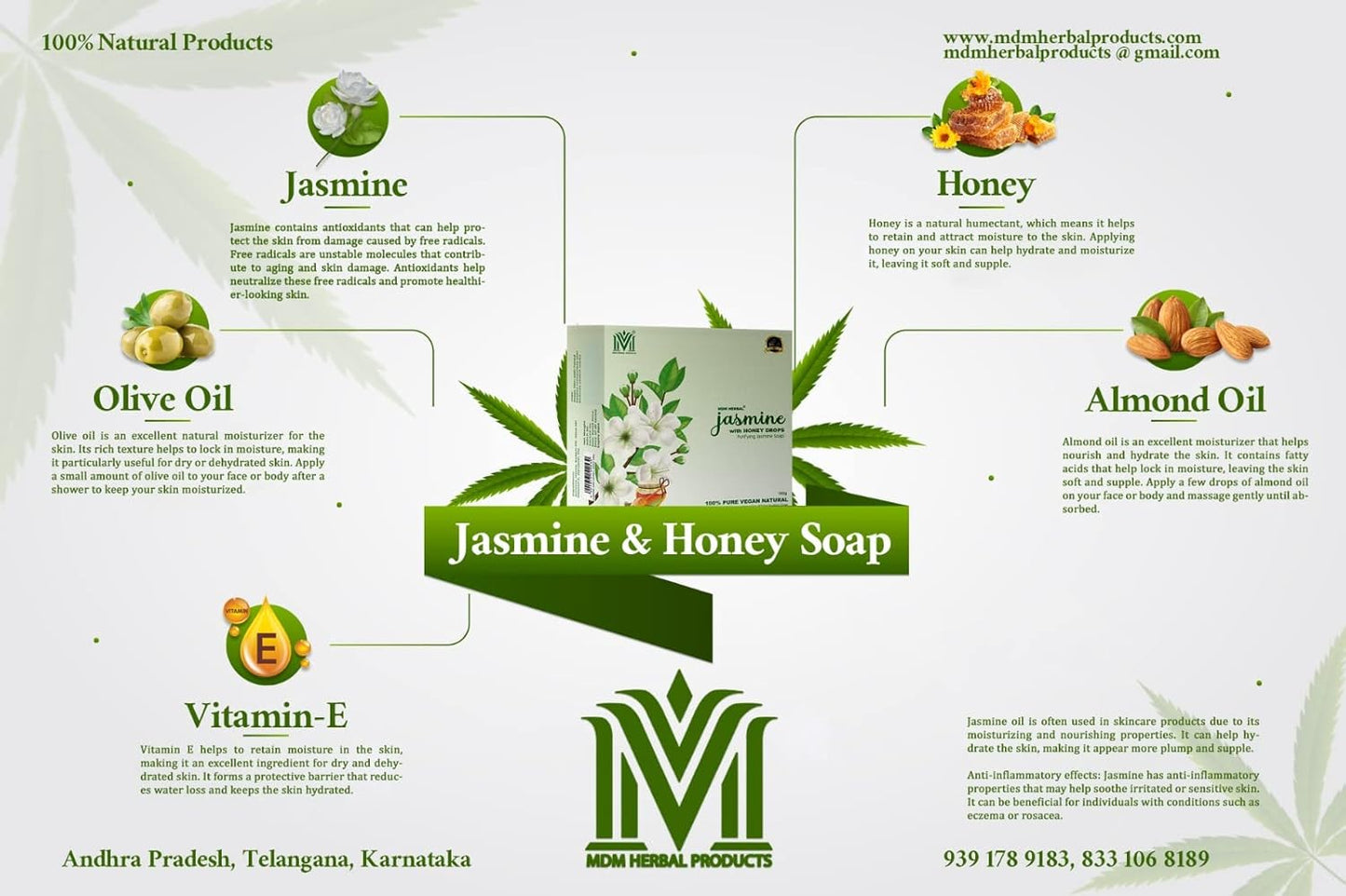 MDM Herbal Jasmine with Honey Drops Soap – 100g x 6 (600g Total) | Herbal Soap for Nourishment & Skin Glow | 100% Vegan & Ayurvedic