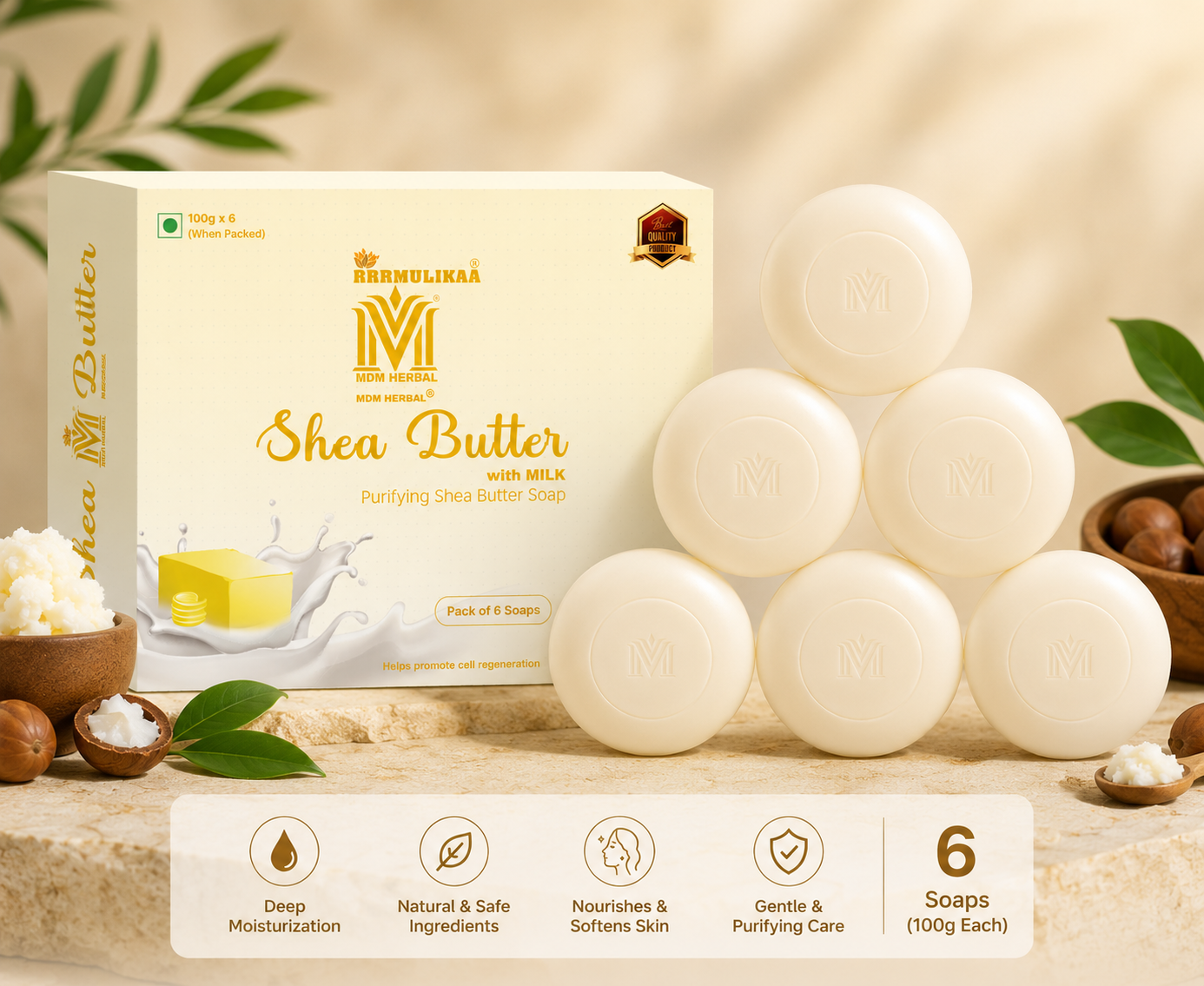 MDM Herbal Shea Butter with Milk Soap – 100g x 6 (600g Total) | Ayurvedic Moisturizing Soap for Soft, Nourished Skin | 100% Pure, Vegan & Natural